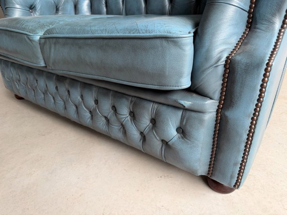Chesterfield Winchester Furniture 2-seater sofa, 2 seaters, Leather, Blue (photo 9 of 15)