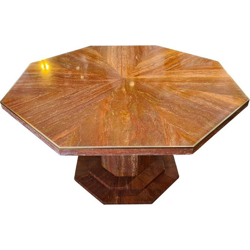 Mesa octogonal vintage en travertino rojo y latón 1970