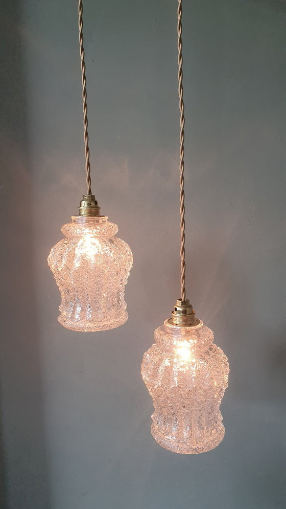 Image 1 of Set Van Twee Vintage Hanglampen Van Dik, Getextureerd Glas