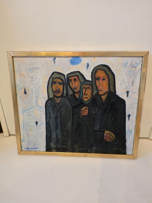 André Bulthé (1923–1996) – Ritratto espressivo di quattro figure – Olio su tela