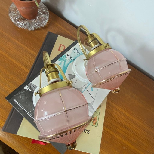 Pair of Antique Brass Swan Neck Wall Sconces, Vintage Pink Glass Globes and Gilding, Porcelain Rosettes (photo 2 of 9)