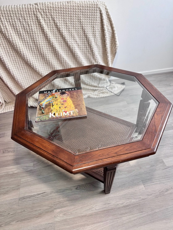 LOTUS tavolino da caffè in ciliegio ottagonale piano vetro e canna intrecciata, Tavolini da caffè, Legno (foto 12 di 12)