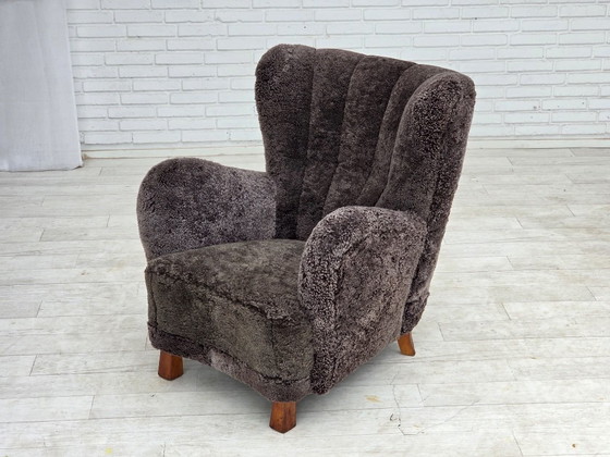 1960s, Danish design, reupholstered armchair, genuine sheepskin., Other, Brown (photo 6 of 20)