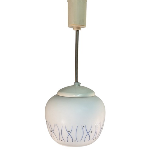 Ca. 1950’s MCM Pendant lamp - Frosted / semi translucent white glass with blue motive - Including ceiling mounted canopy - Easte