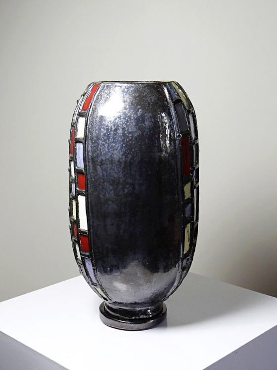 Image 1 of Large modernist vase in vintage black glazed ceramic art pottery from the 1950s-1970s