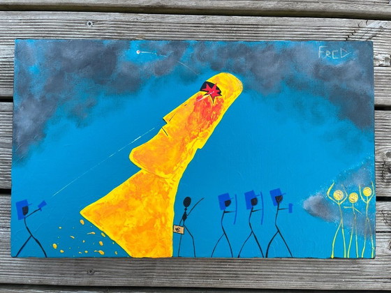 Image 1 of Acrylique sur châssis entoilé « Yellow Moai » Format 55x33cm. 