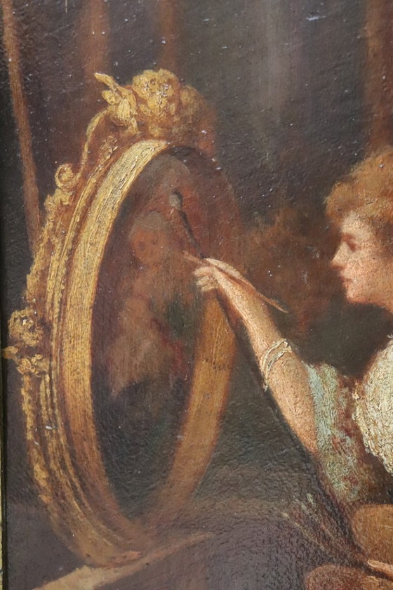 Image 1 of Olieverfschilderij op karton, Jonge schilderes met kardinaal, Italië, 19e eeuw