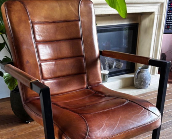 Set of 3 sturdy industrial Dining chairs (Cognac leather) – Top condition! (photo 5 of 5)