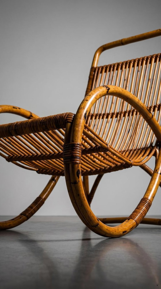Image 1 of Poltrona lounge vintage in rattan, poltrona d'accento in canna di bambù, intrecciata in stile boho