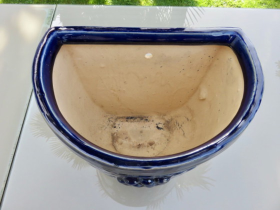 Image 1 of Wall-mounted flower pot, grape motif, in blue glazed ceramic, 1970s