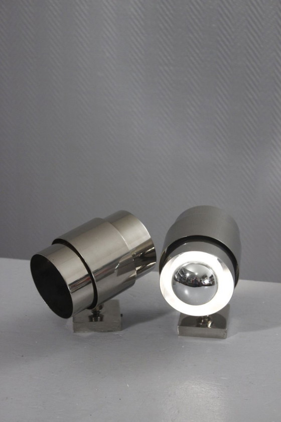 Image 1 of Vintage modernistische Art Deco spiegel en wandlampen, vernikkeld staal, jaren 1950
