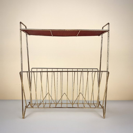 Porte-Journaux Vintage Années 60 – Métal Doré et Rouge