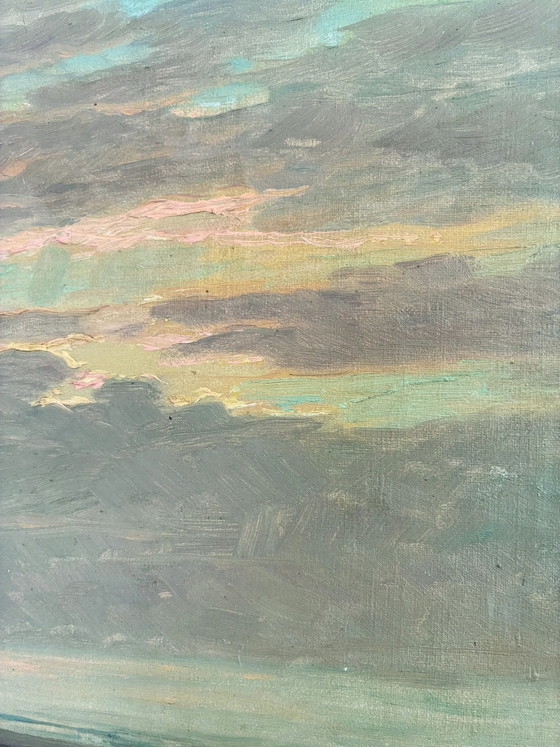Image 1 of Peinture à l'huile originale vintage représentant une marine, signée, art de plage
