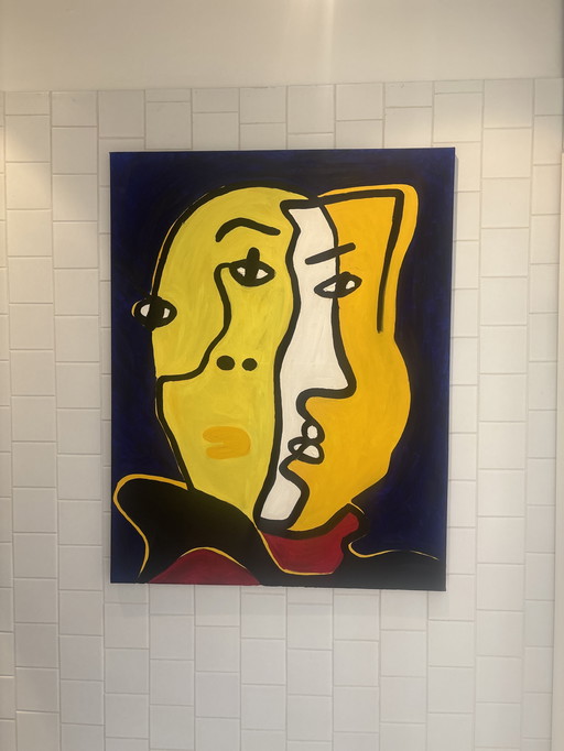 Abstract olieverfschilderij 'twee gezichten