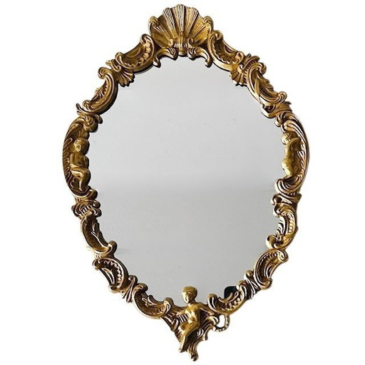 Putti in ottone con specchio dorato barocco francese anni '50