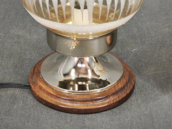 Paar italienischer Tischlampen aus geätztem Glas, Chrom und Holz, 1950er Jahre – Metal (photo 9 of 9)