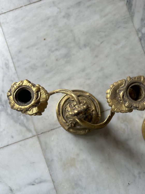 Image 1 of Beautiful antique chandeliers/candlesticks in bronze or gilded spelter, with refined floral rocaille decoration.