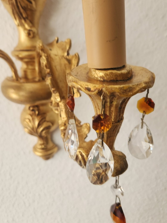 Hand-carved antique Florentine wall hanging with crystal pendants, gilded

with gold leaf, Baroque Rococo, (photo 13 of 15)