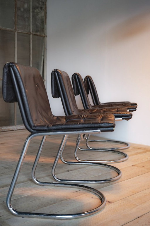 Vintage cantileverstoelen met verchroomd stalen buisframe, 1970, set van 4 – eetkamerstoelen, Leather, Metal (photo 2 of 6)