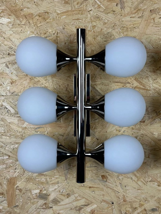 Image 1 of 2x 60s 70s 6-flame Sputnik wall lights from Kaiser Leuchten opal glass