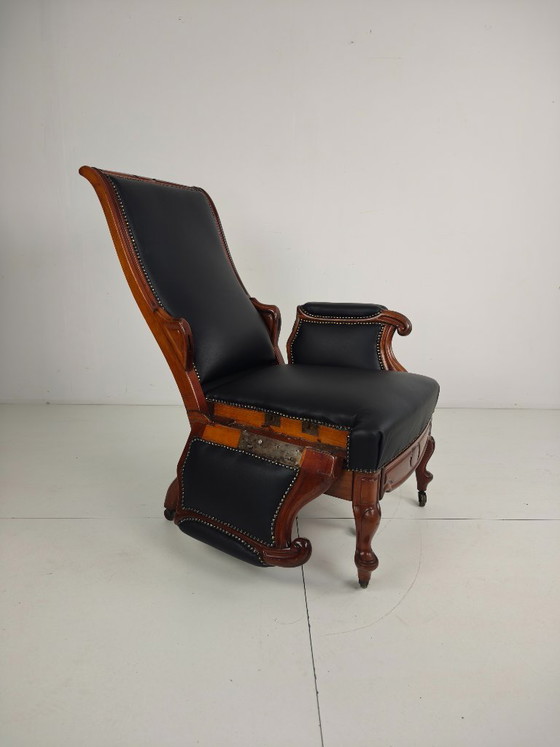 Antiker Bibliotheksstuhl aus dem 19. Jahrhundert von Horrix – Schwarzes Leder – Verstellbarer relaxsessel (photo 5 of 19)