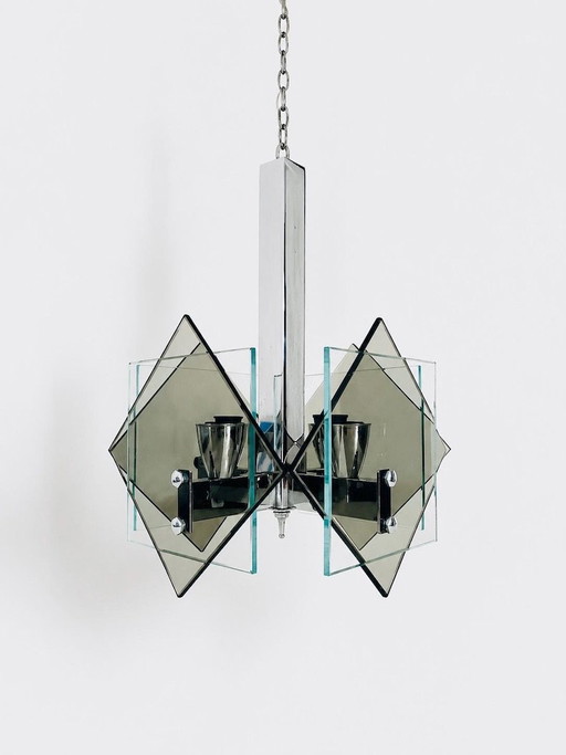 Italiaanse Mid-Century Modern Kroonluchter – Rookgrijs, watergroen glas, chroom Hanglamp