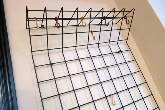 Image 1 of String Metal Wall Mount Coat, Hat and Umbrella Rack with Multicoloured Hooks, 1960s