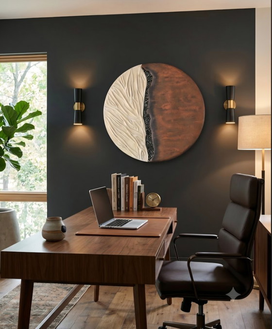 Image 1 of Celestial Duality" - 3D Textured Circle Wall Art, Copper & Plaster Relief Sculpture, Wabi Sabi Round Wall Decor