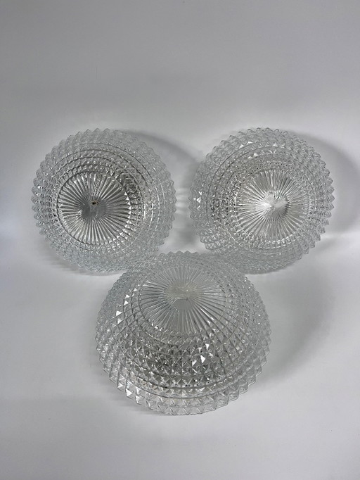 3x plafonniers vintage en verre clair usiné avec raccords résistants à la chaleur