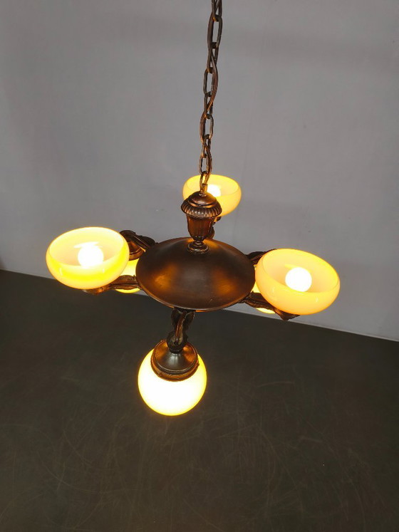 Image 1 of Lustre Art Déco tchèque en laiton et verre crème, années 1920