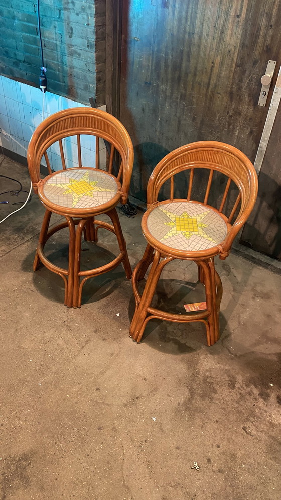 Image 1 of 2x Vintage Swivel Bamboo Barstools