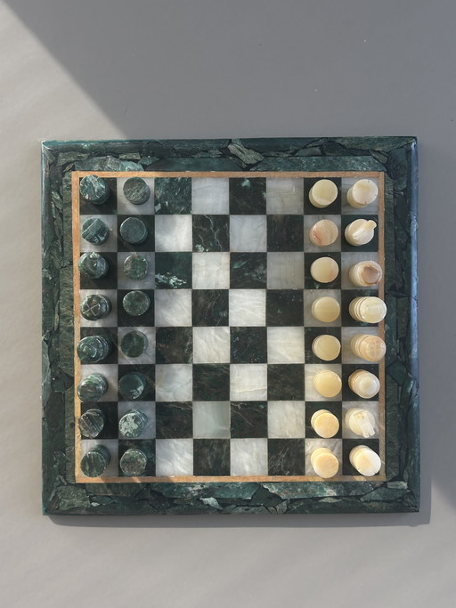 Vintage Schachset aus Marmor, Malachit-Naturstein, Onyx-grünes Schachbrett