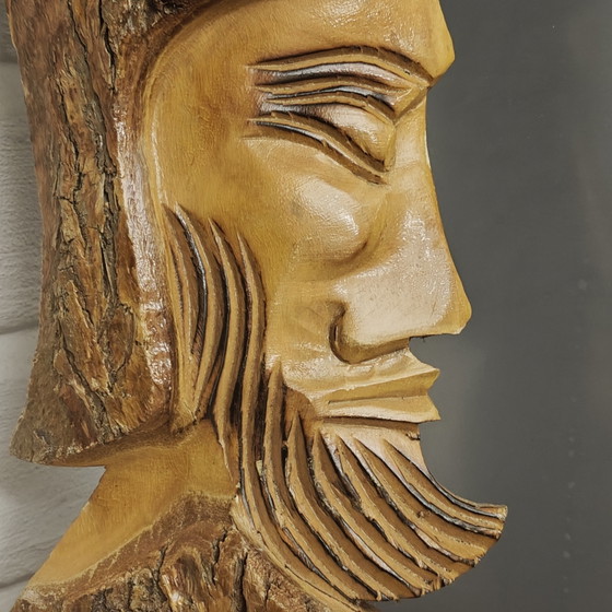 Unieke vintage handgesneden houten wandsculptuur – Rustiek volkskunstgezicht – Beeldhouwkunst, Wood (photo 3 of 6)