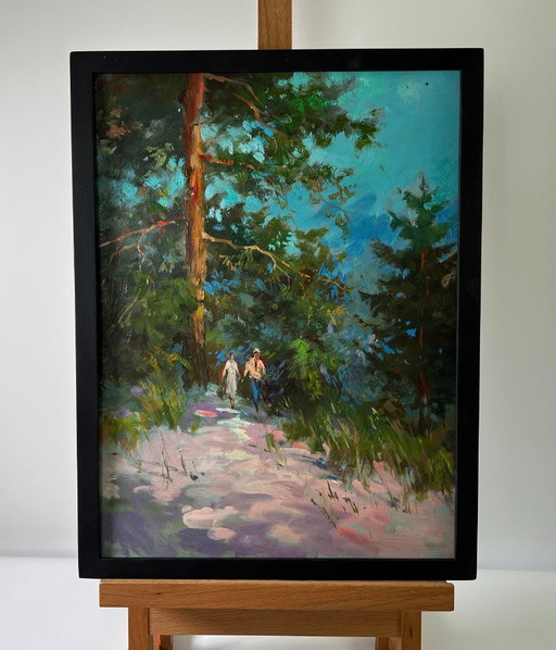 Original Oil Painting Nature Landscape Walk in the Forest – schilderijen tekeningen, Mdf (photo 2 of 9)