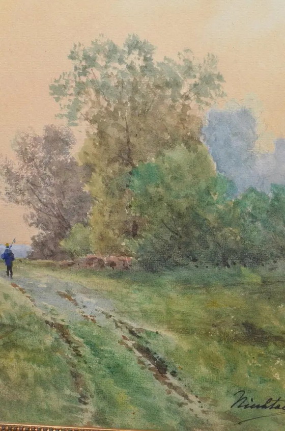 Antique French Signed Watercolor Landscape With Country Path, Gilt Frame, Circa 1900 – Paintings & Drawings (photo 3 of 12)