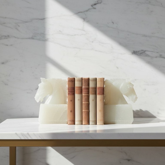 Image 1 of Witte onyx - Vintage boekensteunen met paardenhoofd