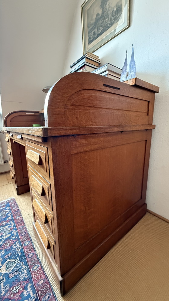 Grande scrivania antica in rovere con piano a rullo – circa 1900 – Scrivanie, Wood, Metal (photo 5 of 8)