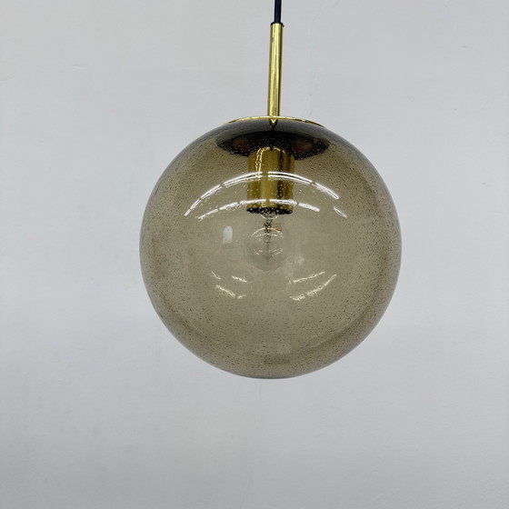 Image 1 of Limburg Glashütte Brass Smoked Glass Ball Pendant Hanging Lamp, 1970s