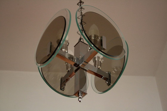 Image 1 of Lustre Vintage Art Déco en métal chromé et verre, Italie, années 1970
