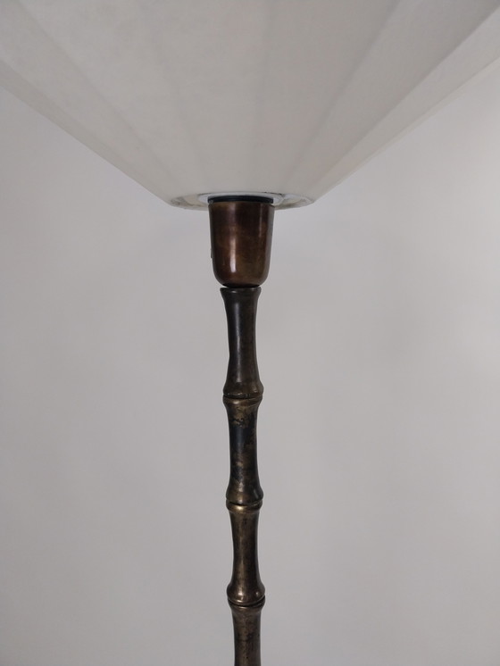 Image 1 of 1 x lot de 2 lampadaires en métal imitation bambou avec abat-jour cocon ELGO. Années 1970