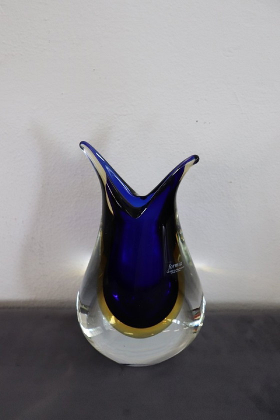 Image 1 of Vase en verre de Murano bleu et jaune par Formia, années 1970