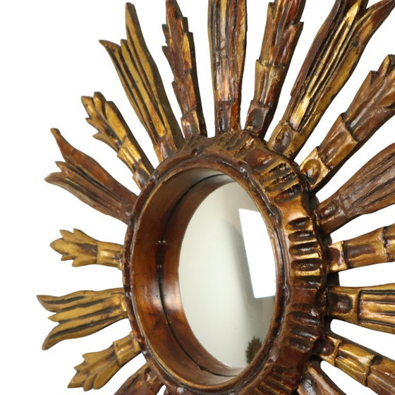 Image 1 of Vintage Wooden Sun Mirror Sunburst Gold Fifties 52cm