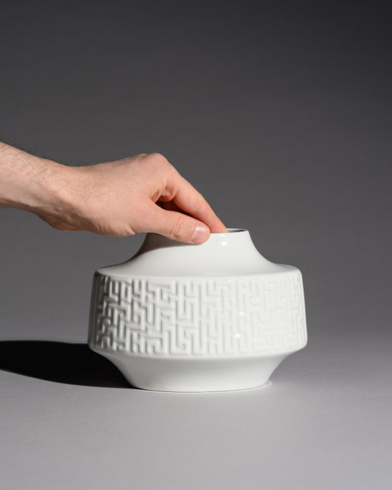 Image 1 of Heinrich Porcelain Vase “Labyrinth” White Relief Porcelain H&C Selb Bavaria 1960