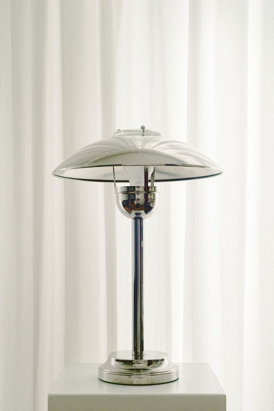 Image 1 of Vintage Atrium Mushroom Lamp, 1970s Chrome Opal Glass Bauhaus Desk Light
