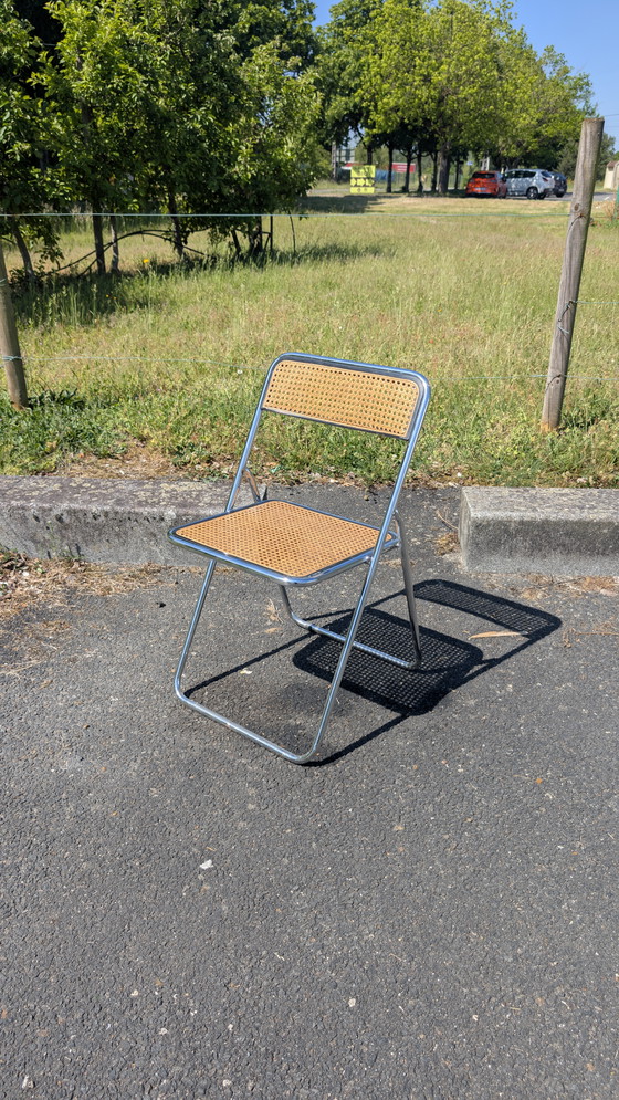 Image 1 of Chaise pliante cannée et acier chromé dans le goût de Castelli, Vintage