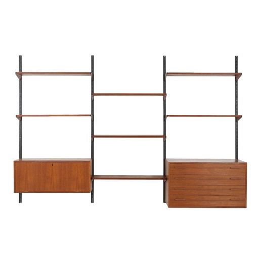 Modulaire stellingen van Kai Kristiansen, teakfineer met zwarte wandrails, Denemarken, jaren 60. – boekenkasten, Wood