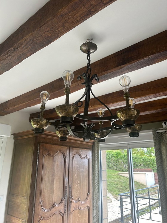 Image 1 of MAX LE VERRIER Art Deco Period Wrought Iron and Raw Brass Lighting Set - 8-Light Chandelier and 2 Wall Sconces