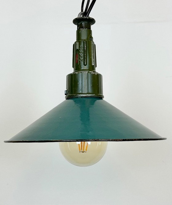 Image 1 of Industrial Petrol Enamel Military Pendant Lamp with Cast Aluminium Top, 1960s