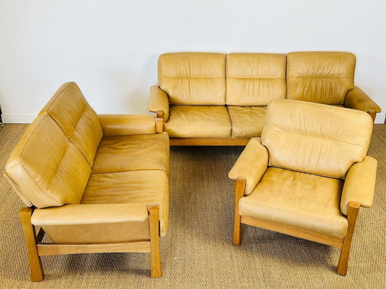 Image 1 of Ensemble de salon complet en cuir naturel et chêne, 1960, Set de 3