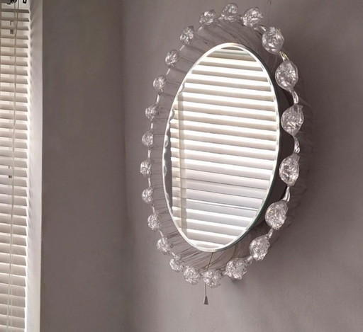 Large Melted Ice Acrylic Glass Illuminated Circular Beveled Wall Mirror, 1970s